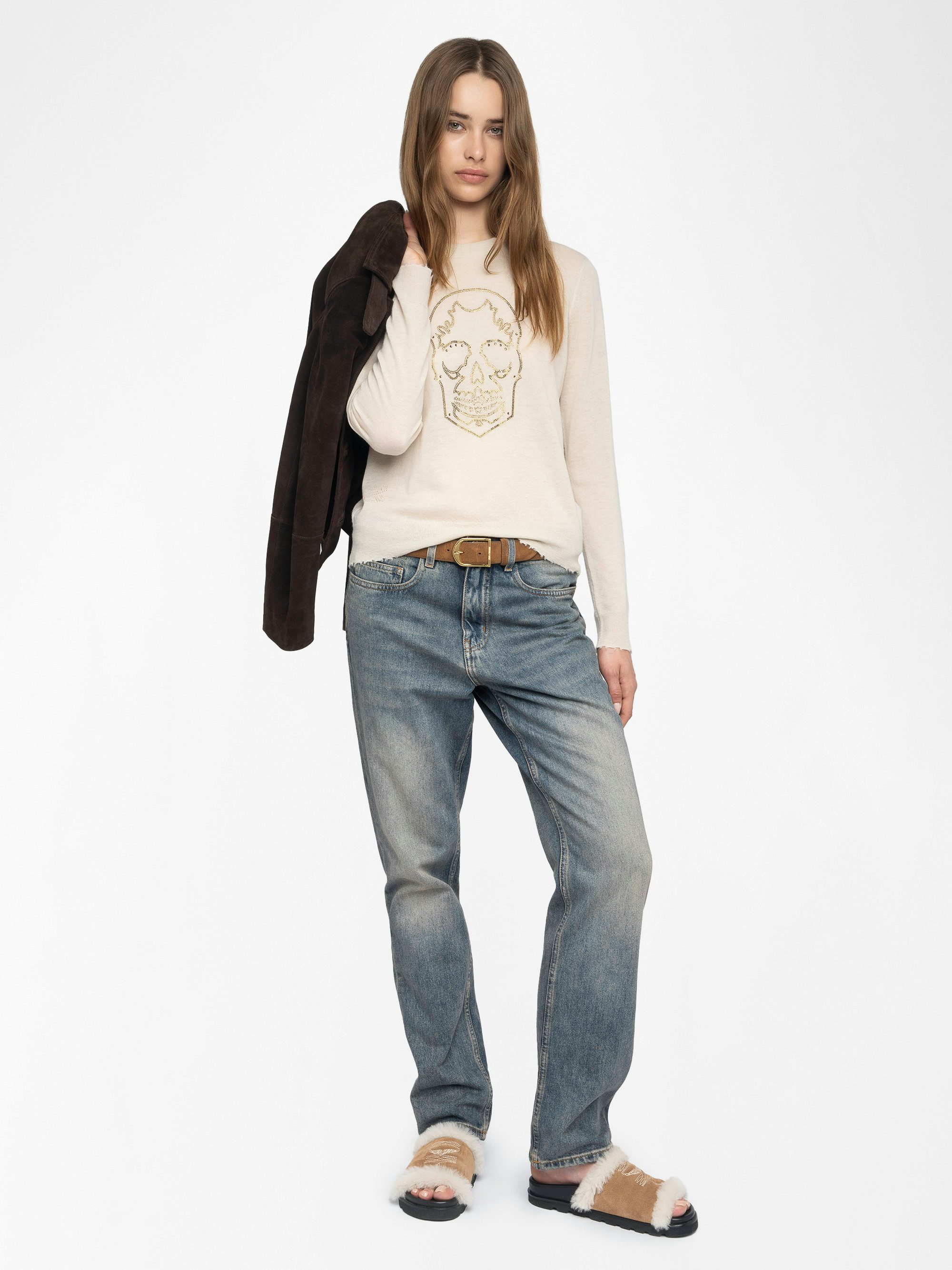 Miss Cashmere Sweater - Round neck sweater with rhinestone skull.